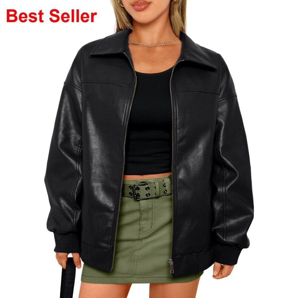 Oversized Faux Leather Bomber Jacket Zip Up Winter Coat